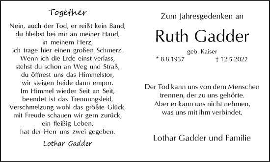 Traueranzeige von Ruth Gadder von Tageszeitung