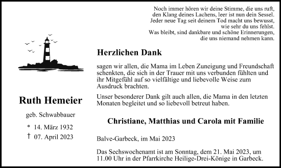Traueranzeige von Ruth Hemeier von Tageszeitung