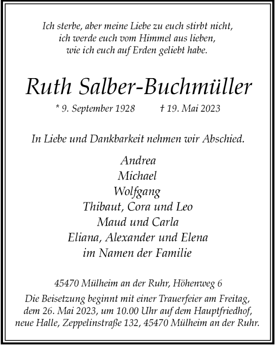 Traueranzeige von Ruth Salber-Buchmüller von Tageszeitung