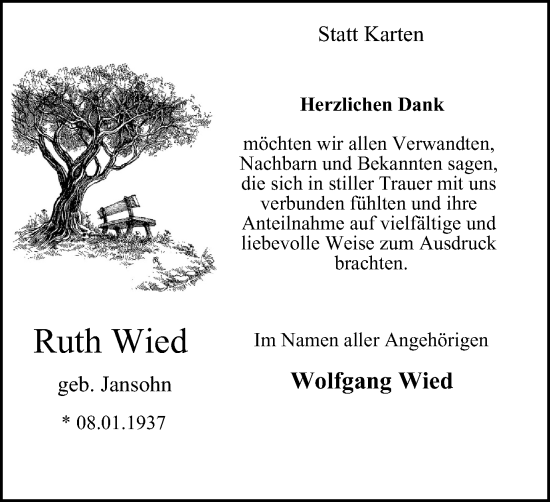 Traueranzeige von Ruth Wied von Tageszeitung