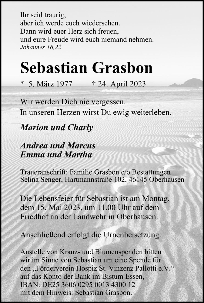  Traueranzeige für Sebastian Grasbon vom 06.05.2023 aus Tageszeitung