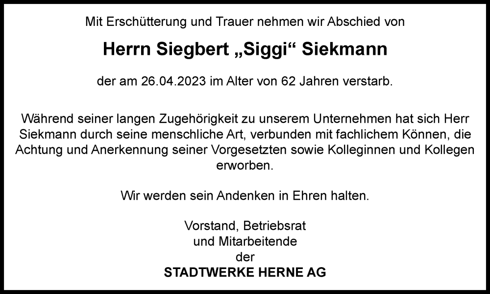  Traueranzeige für Siegbert  Siekmann vom 06.05.2023 aus Tageszeitung