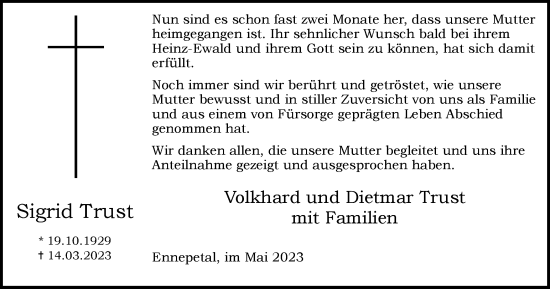 Traueranzeige von Sigrid Trust von Tageszeitung