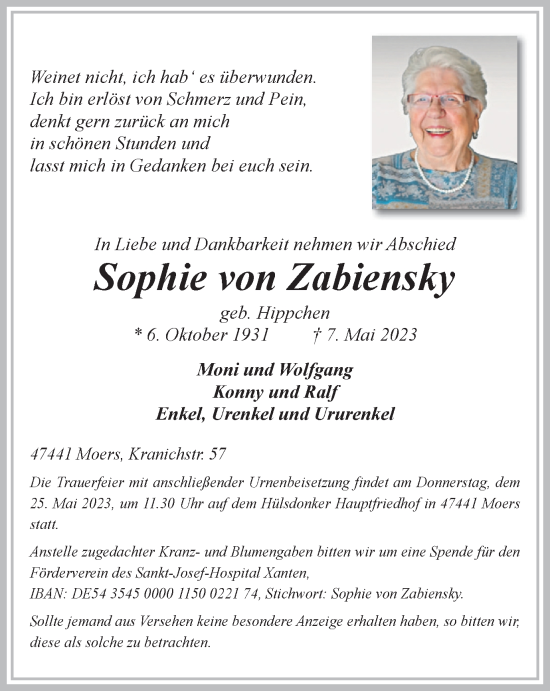 Traueranzeige von Sophie von Zabiensky von Tageszeitung