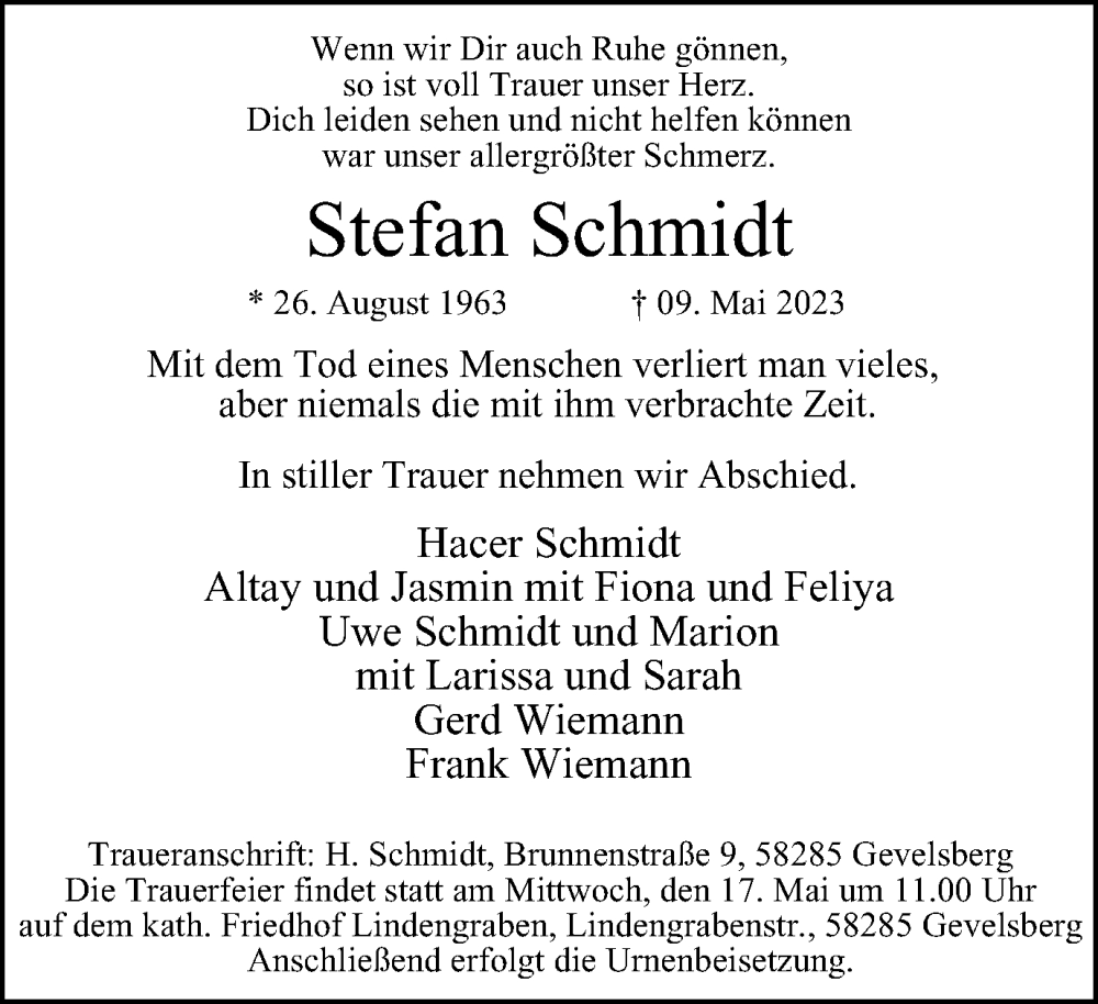  Traueranzeige für Stefan Schmidt vom 13.05.2023 aus Tageszeitung