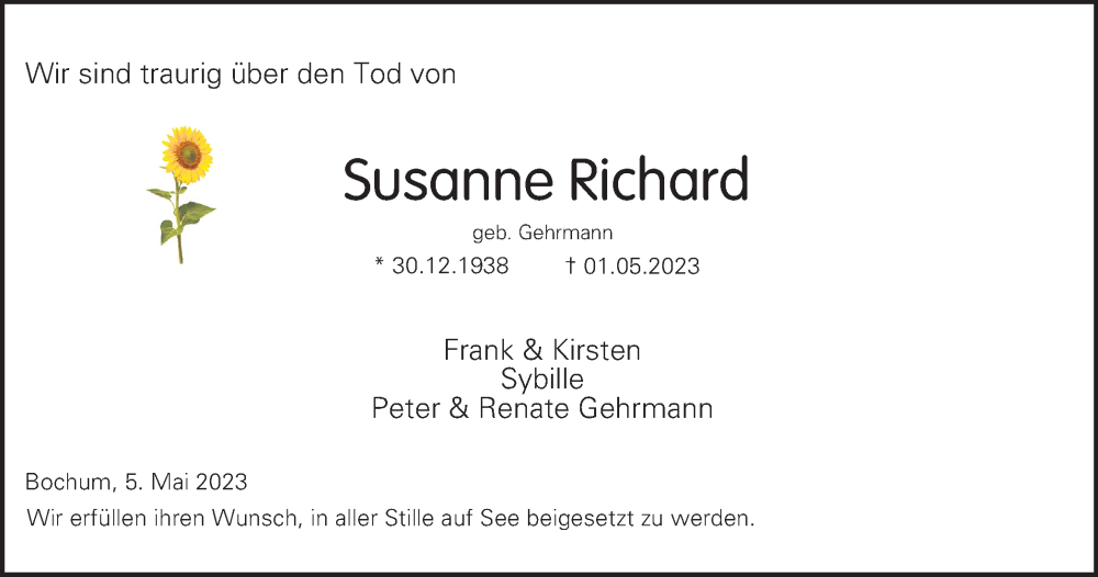  Traueranzeige für Susanne Richard vom 06.05.2023 aus Tageszeitung