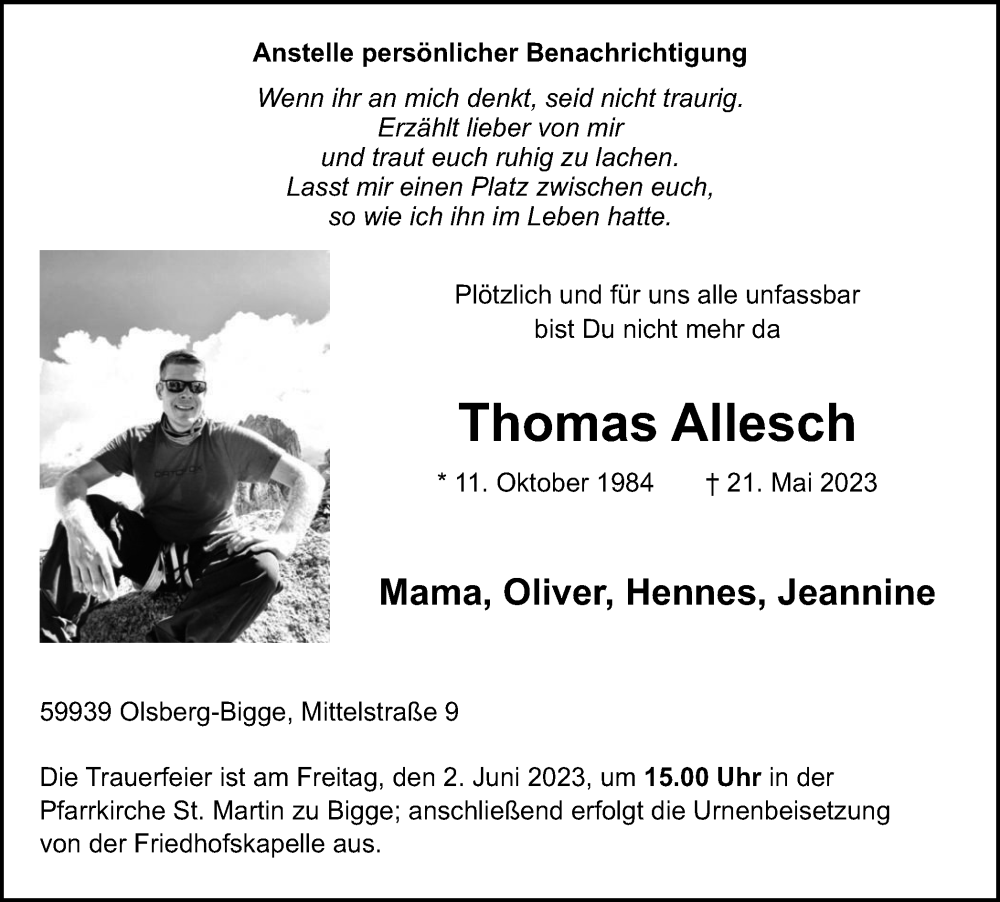  Traueranzeige für Thomas Allesch vom 27.05.2023 aus Tageszeitung