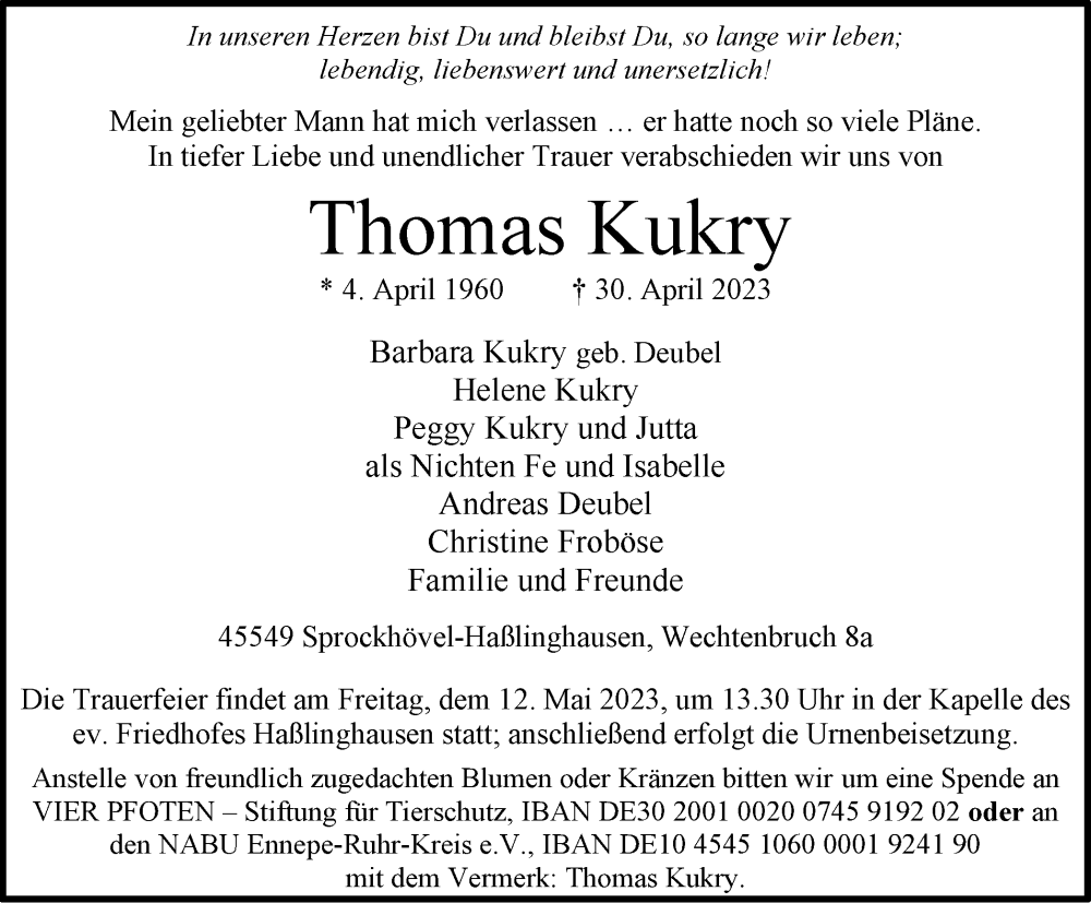  Traueranzeige für Thomas Kukry vom 06.05.2023 aus Tageszeitung