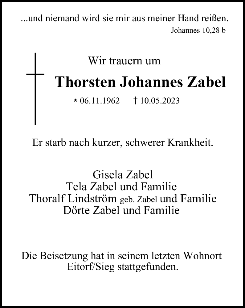  Traueranzeige für Thorsten Johannes Zabel vom 27.05.2023 aus Tageszeitung