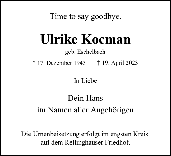 Traueranzeige von Ulrike Kocman von Tageszeitung