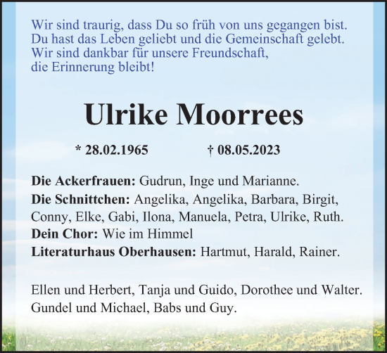 Traueranzeige von Ulrike Moorrees von Tageszeitung