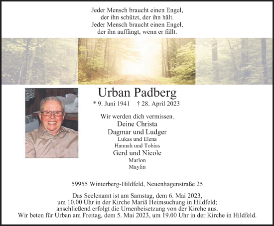 Traueranzeige von Urban Padberg von Tageszeitung