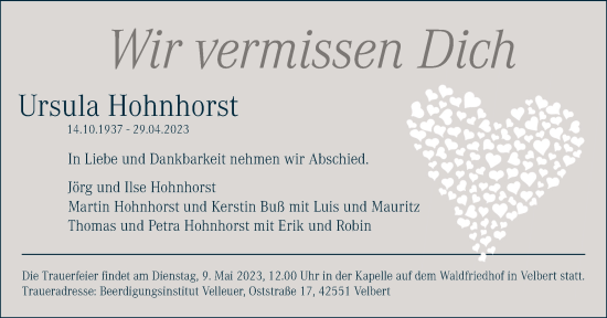 Traueranzeige von Ursula Hohnhorst von Tageszeitung