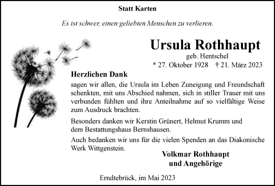Traueranzeige von Ursula Rothhaupt von Tageszeitung