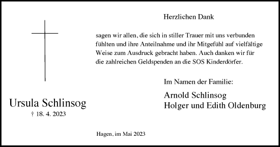 Traueranzeige von Ursula Schlinsog von Tageszeitung