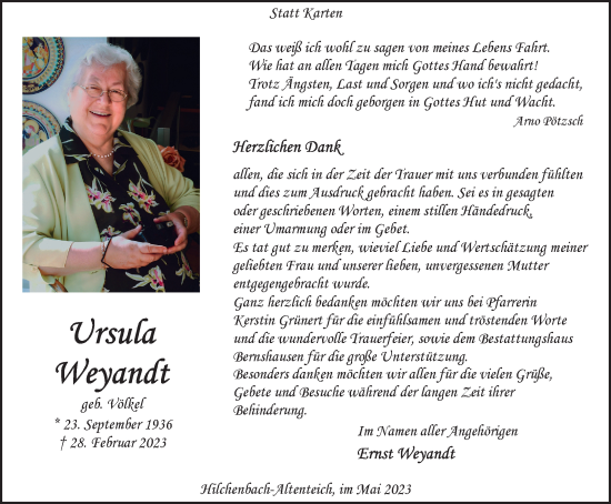Traueranzeige von Ursula Weyandt von Tageszeitung