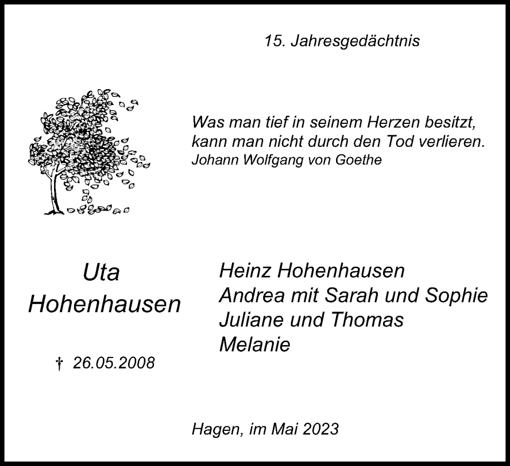  Traueranzeige für Uta Hohenhausen vom 26.05.2023 aus Tageszeitung