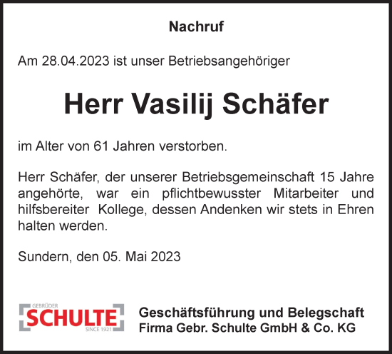 Traueranzeige von Vasilij Schäfer von Tageszeitung