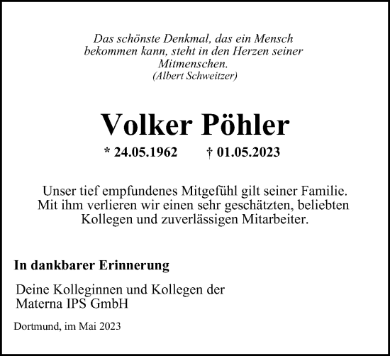 Traueranzeige von Volker Pöhler von Tageszeitung
