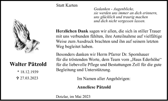 Traueranzeige von Walter Pätzold von Tageszeitung