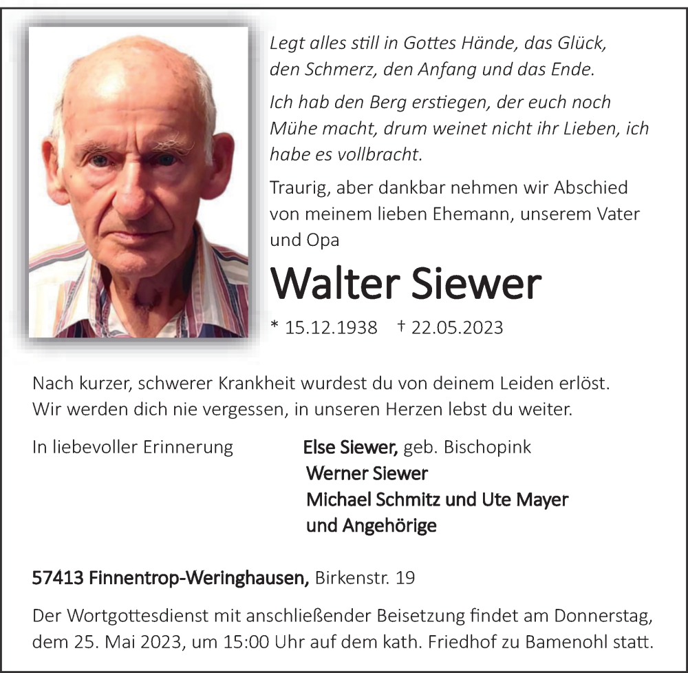  Traueranzeige für Walter Siewer vom 25.05.2023 aus Tageszeitung
