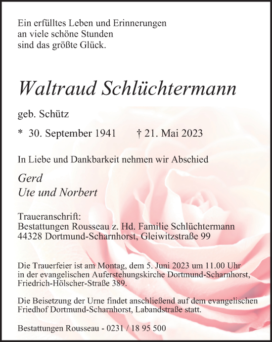 Traueranzeige von Waltraud Schlüchtermann von Tageszeitung