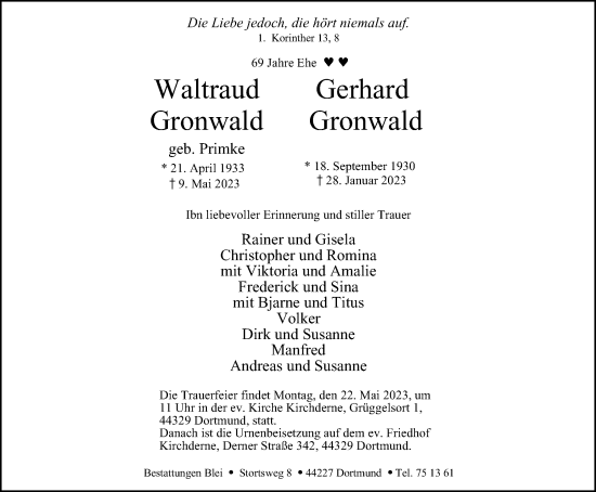 Traueranzeige von Waltraud und Gerhard Gronwald von Tageszeitung