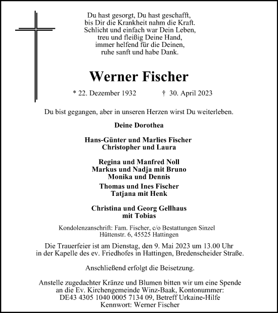 Traueranzeige von Werner Fischer von Tageszeitung