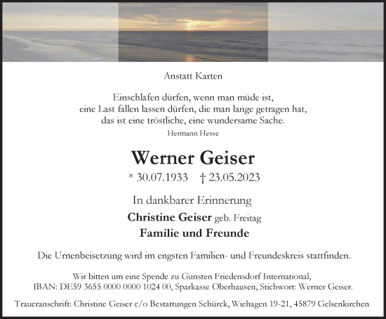 Traueranzeige von Werner Geiser von Tageszeitung