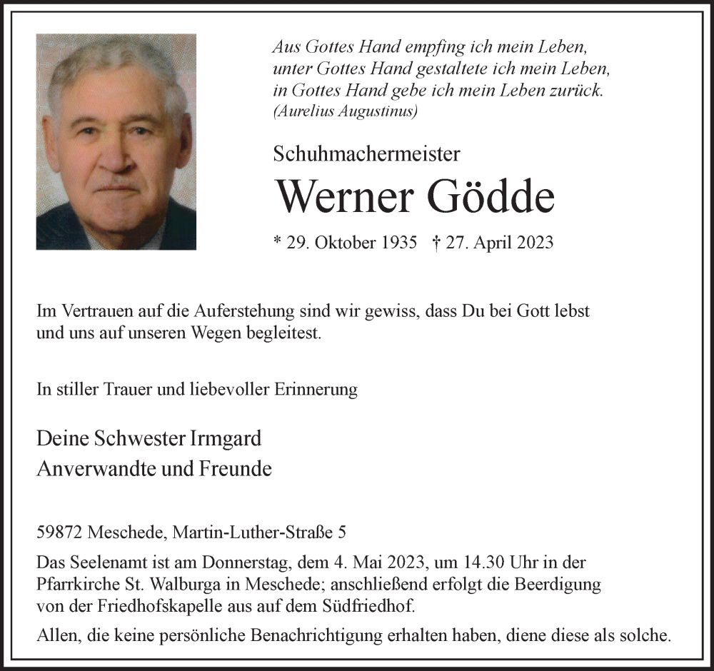  Traueranzeige für Werner Gödde vom 04.05.2023 aus Tageszeitung