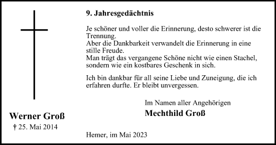 Traueranzeige von Werner Groß von Tageszeitung