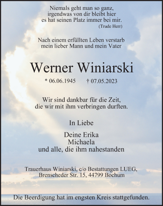 Traueranzeige von Werner Winiarski von Tageszeitung