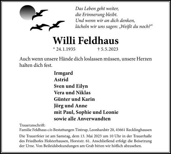 Traueranzeige von Willi Feldhaus von Tageszeitung