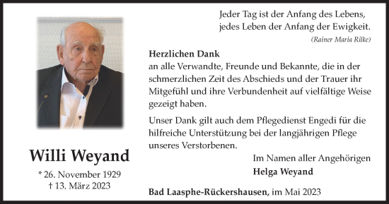 Traueranzeige von Willi Weyand von Tageszeitung
