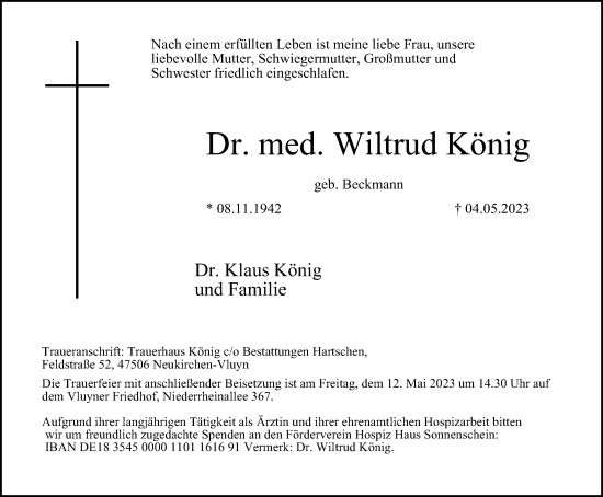 Traueranzeige von Wiltrud König von Tageszeitung