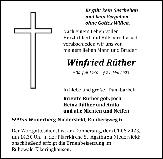 Traueranzeige von Winfried Rüther von Tageszeitung
