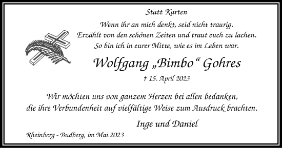 Traueranzeige von Wolfgang Gohres von Tageszeitung