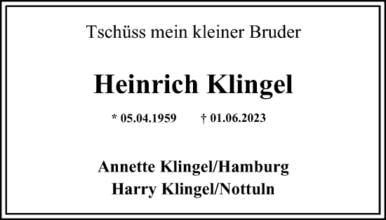 Traueranzeige von Heinrich Klingel von TAGESZEITUNG