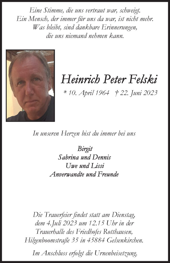  Traueranzeige für Heinrich Peter Felski vom 28.06.2023 aus FUNKE Medien NRW GmbH