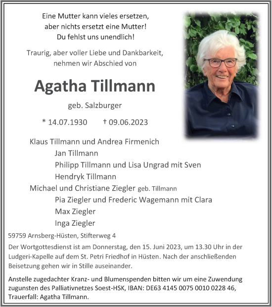 Traueranzeige von Agatha Tillmann von Tageszeitung