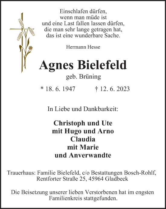 Traueranzeige von Agnes Bielefeld von Tageszeitung