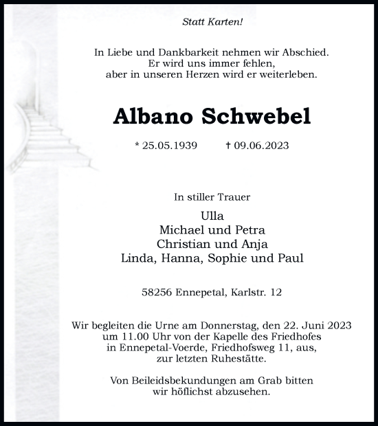 Traueranzeige von Albapo Schwebel von Tageszeitung