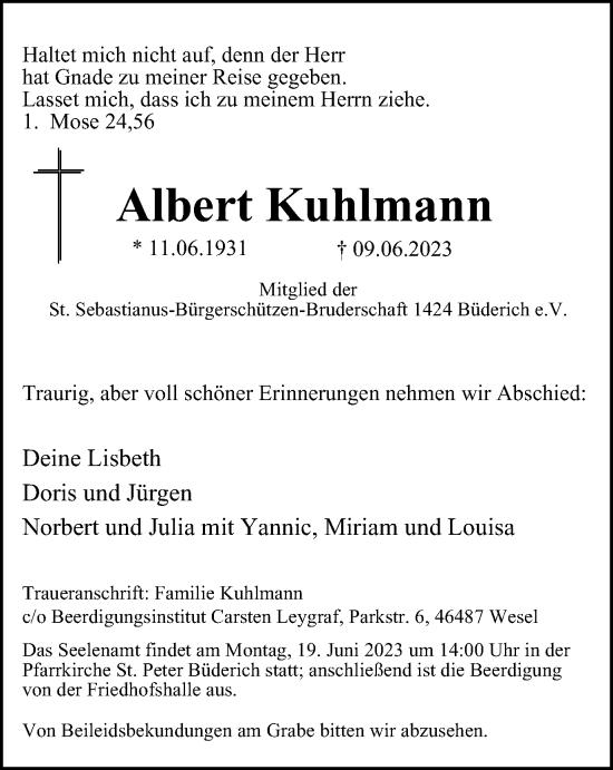 Traueranzeige von Albert Kuhlmann von Tageszeitung