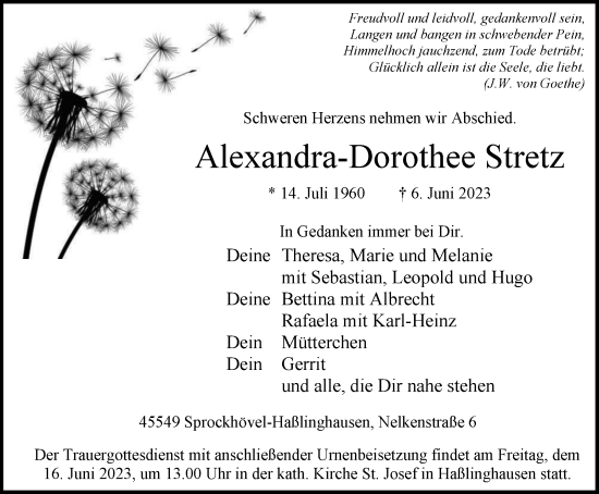 Traueranzeige von Alexandra-Dorothee Stretz von Tageszeitung