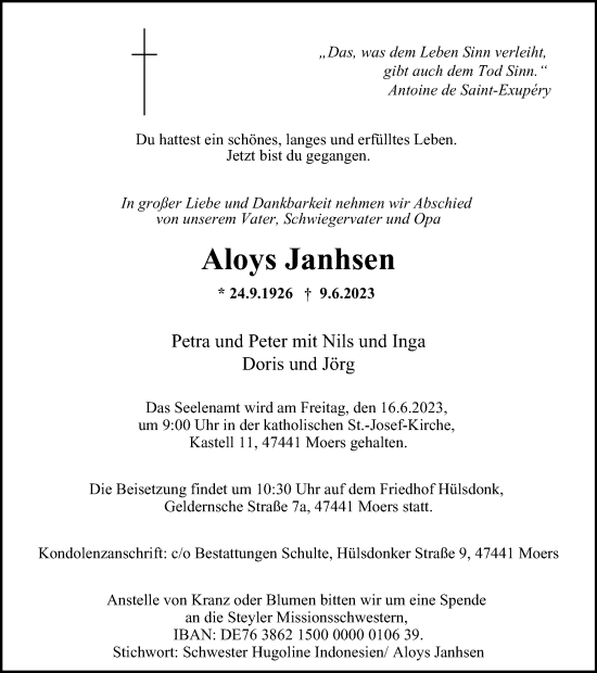 Traueranzeige von Aloys Janhsen von Tageszeitung