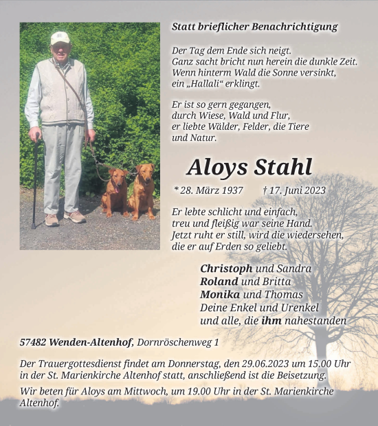 Traueranzeige von Aloys Stahl von Tageszeitung