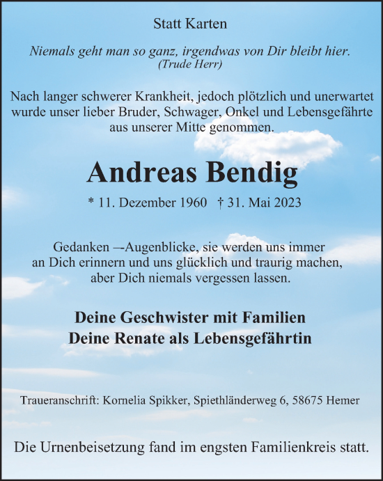 Traueranzeige von Andreas Bendig von Tageszeitung