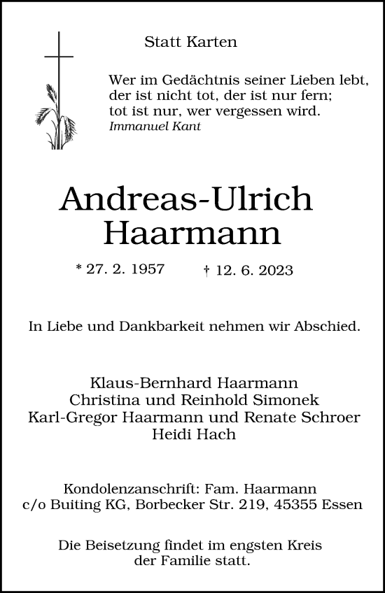 Traueranzeigen von AndreasUlrich Haarmann TrauerinNRW.de