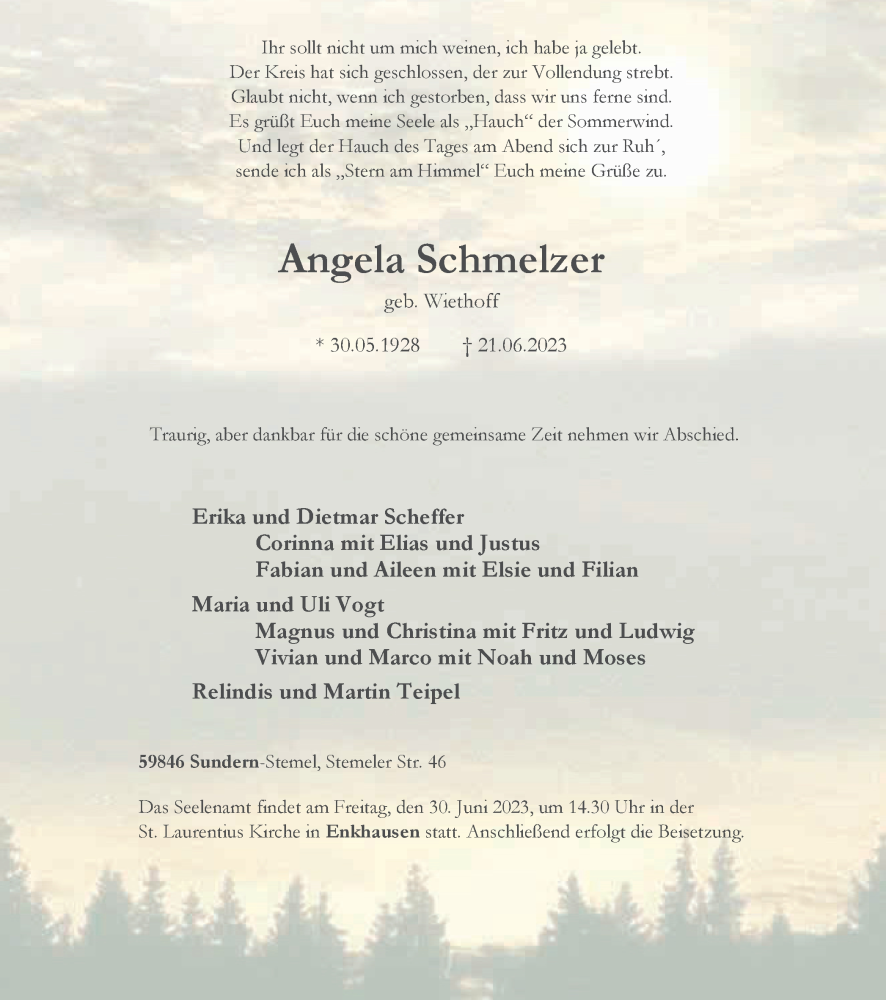  Traueranzeige für Angela Schmelzer vom 24.06.2023 aus Tageszeitung