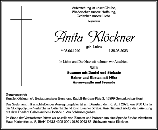 Traueranzeige von Anita Klöckner von Tageszeitung